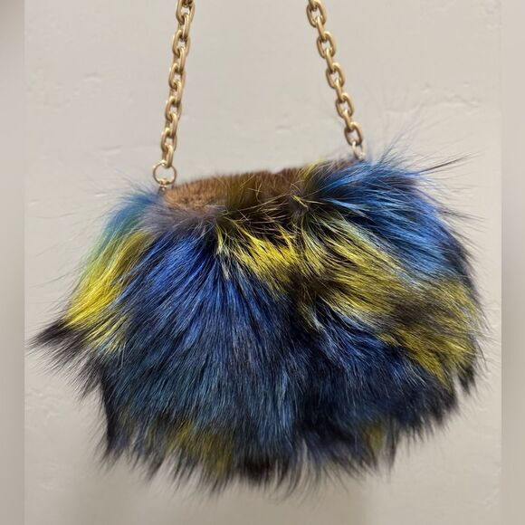 Unique Colorful Real Mink Fur with Finn Raccoon Fur Bag Includes 2 Strap Styles - Picture 10 of 17